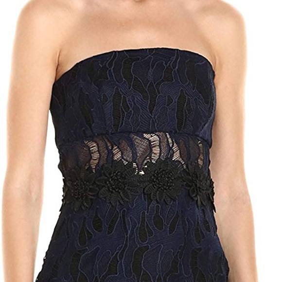 Navy Strapless Lace Dress with Florette Detail - Picture 2 of 6